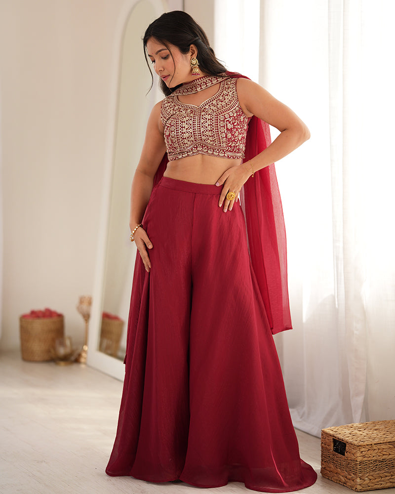 DEEP MAROON COLOR CRUNCHY SILK EMBROIDERED PLAZZO SUIT