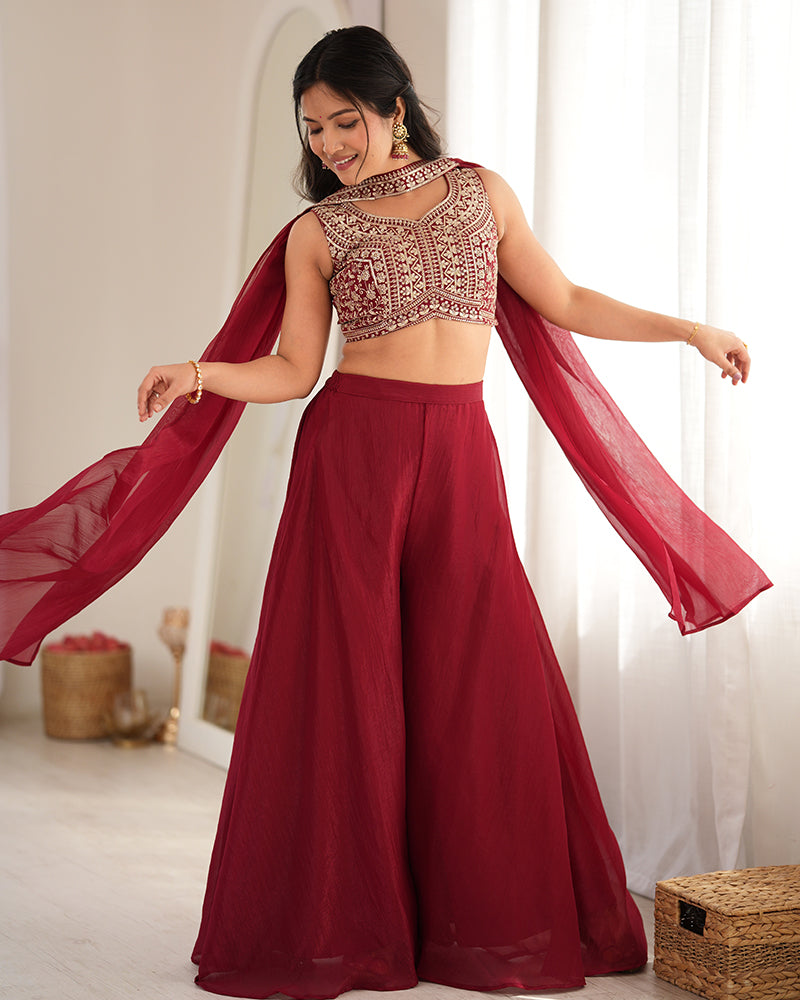 DEEP MAROON COLOR CRUNCHY SILK EMBROIDERED PLAZZO SUIT