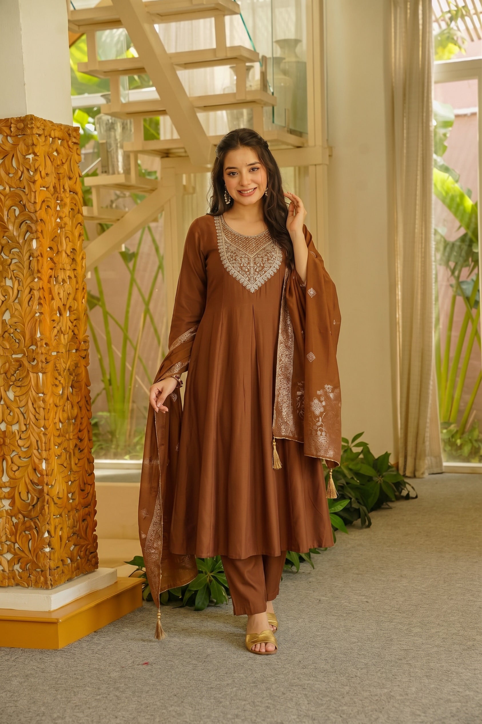 Chocolate Brown Anarkali Kurta Pant Set with Zari Embroidered Yoke & Dupatta