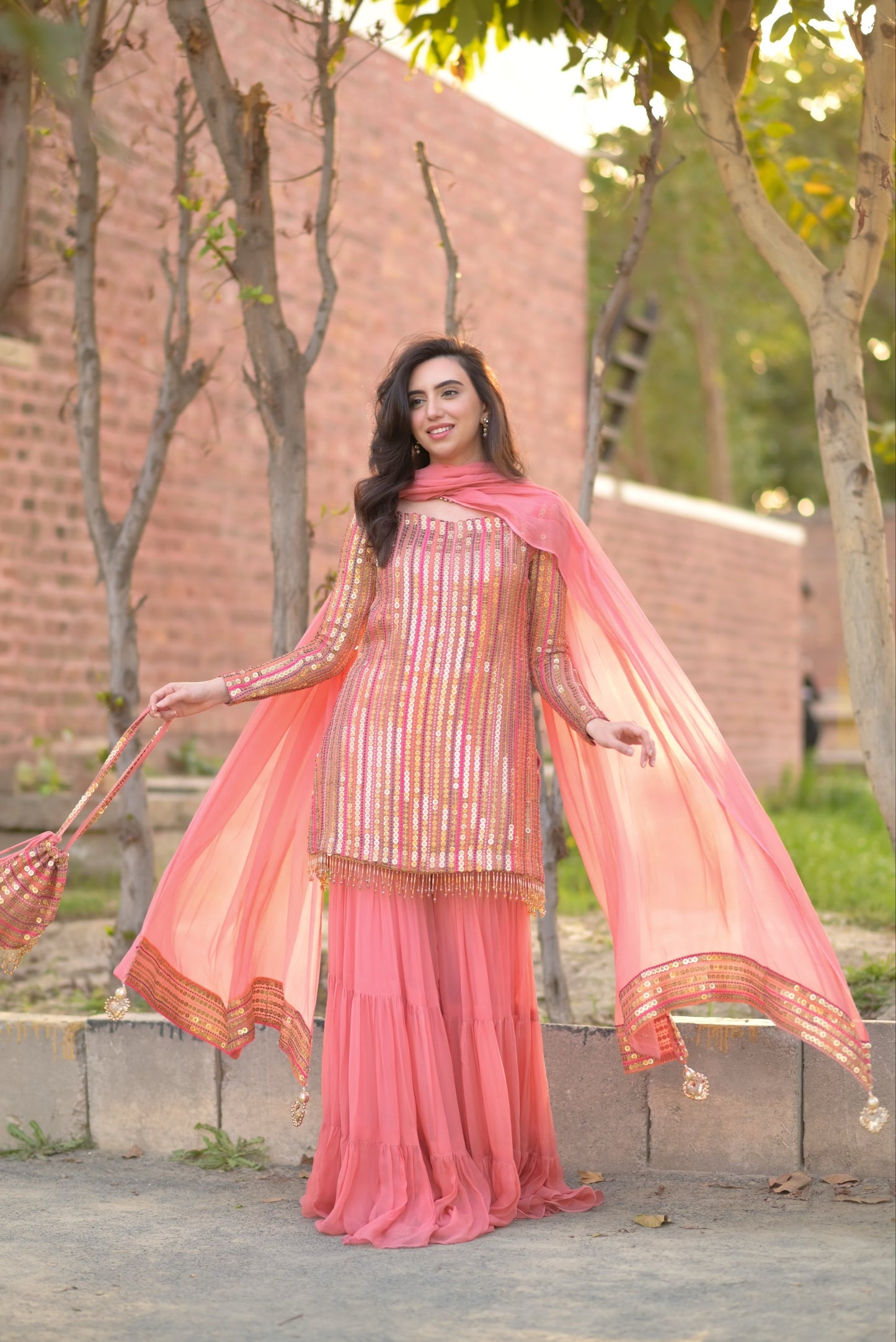 Peach Festive Embroidered Sequin Sharara Suit Set & Gharara Suit Set