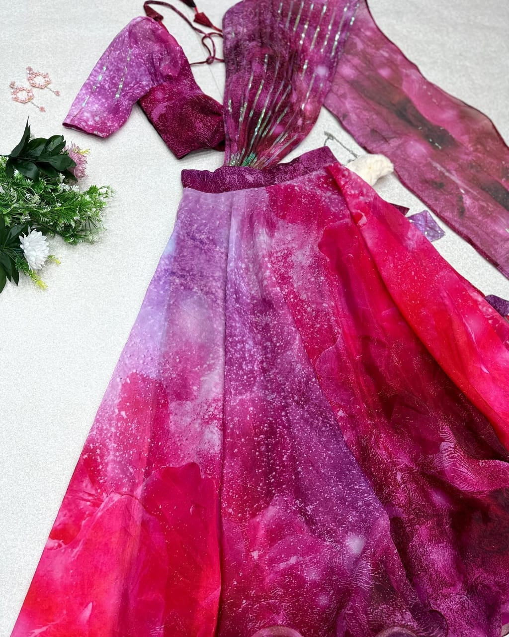 Printed Wine Color Lehenga With Fancy Blouse Attached Dupatta