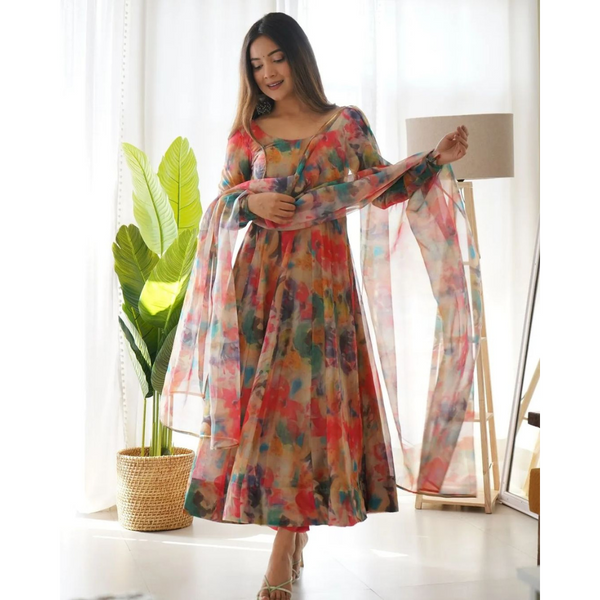 Multi Color Floral Printed Pleated Kurti With Dupatta