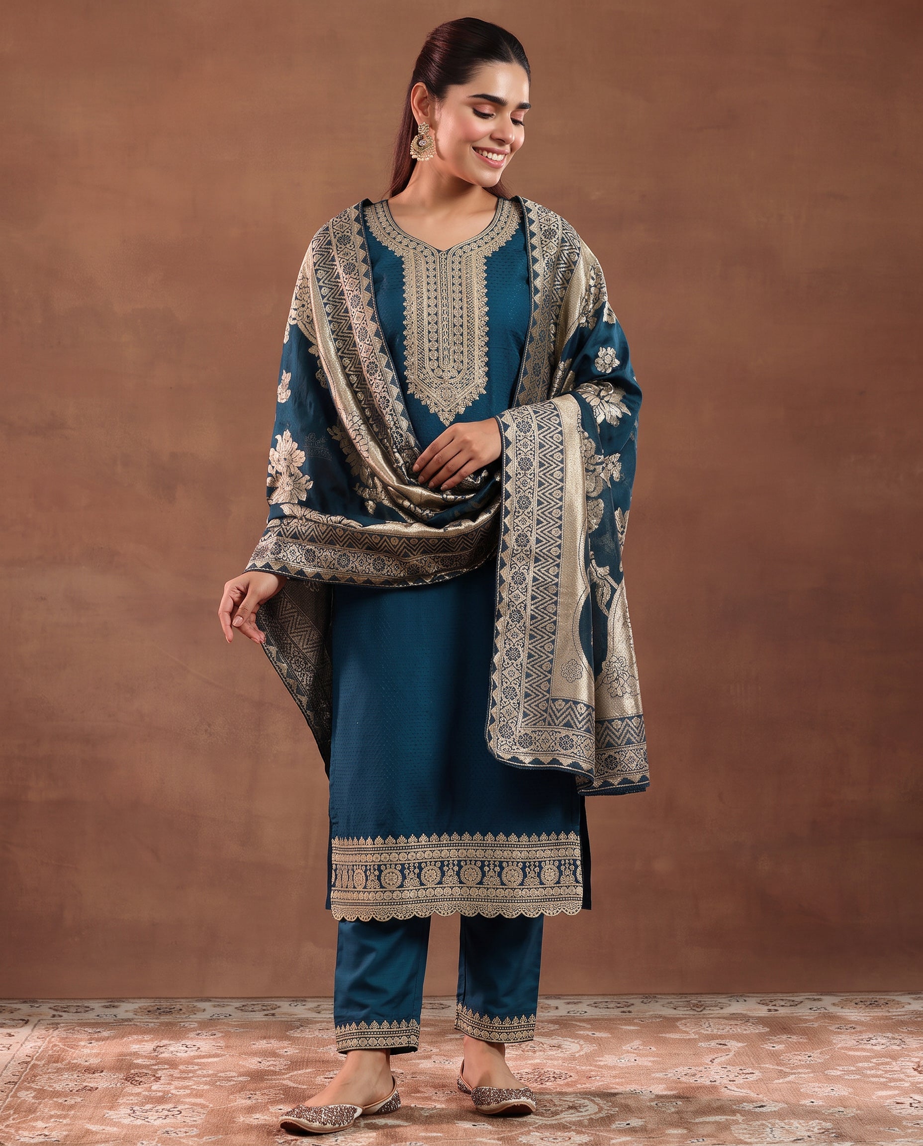 Teal Ethnic Embroidered Silk Blend Straight Kurta Set with Jacquard Dupatta