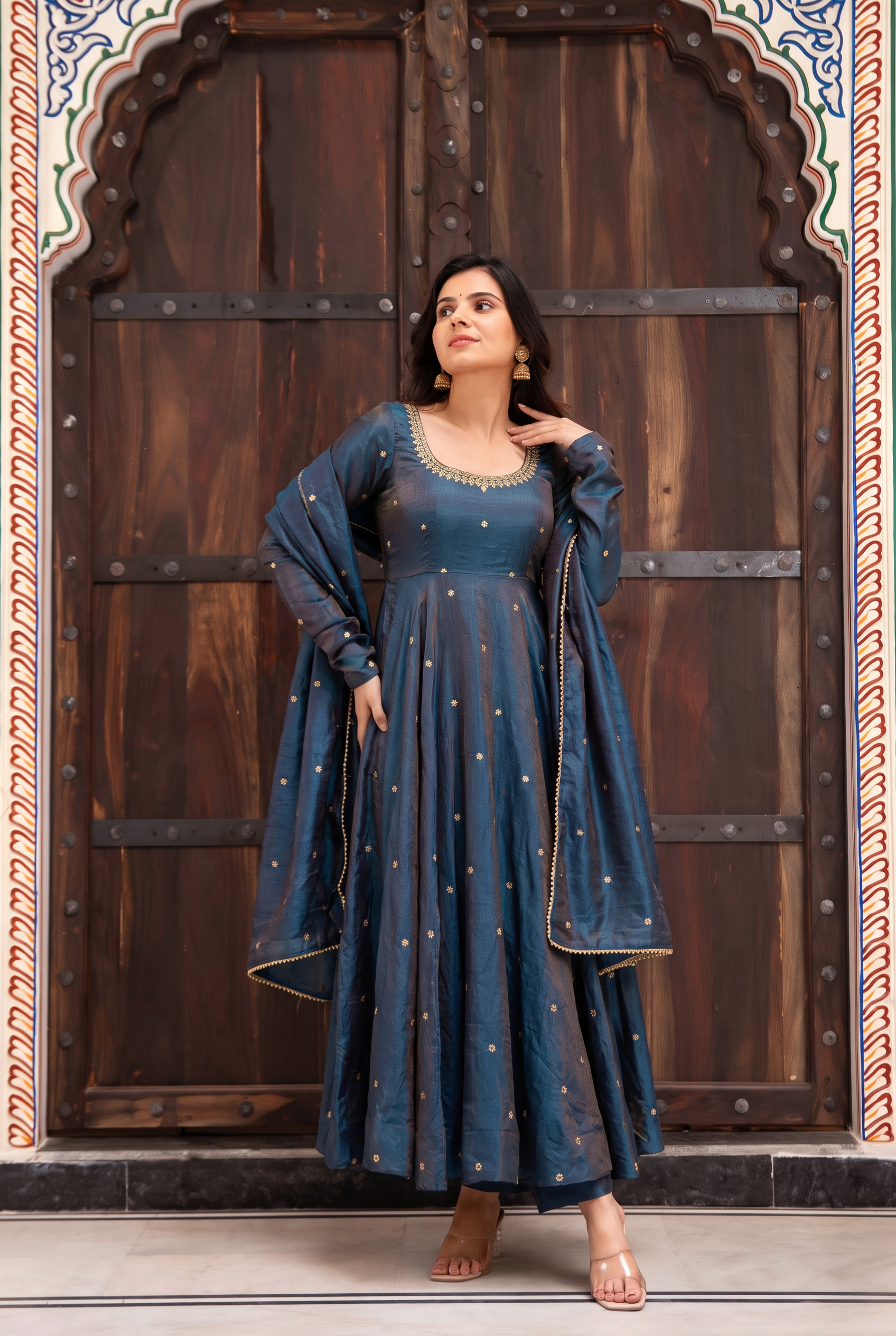Navy Blue Shimmer embroidered Anarkali Suit set With Dupatta
