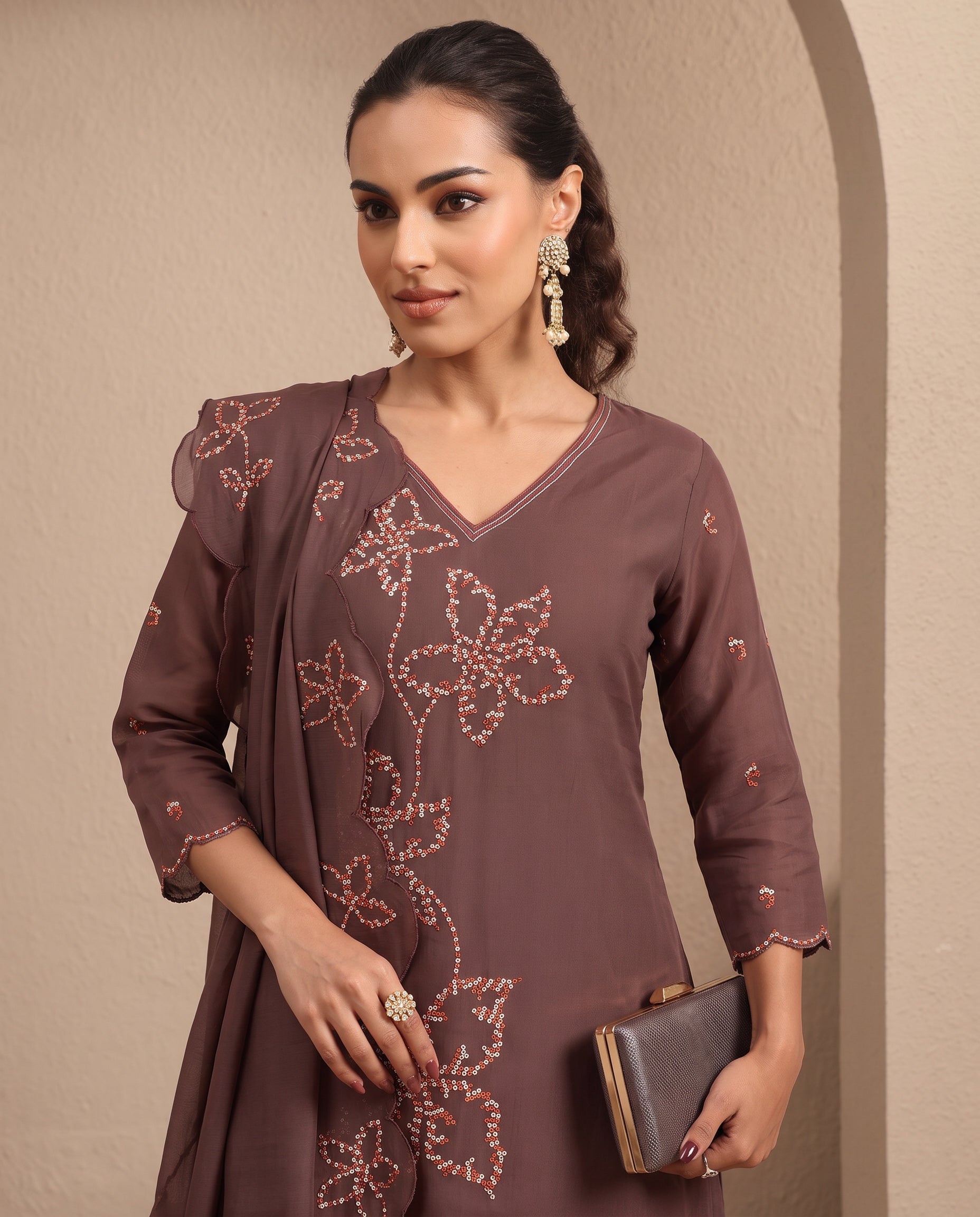 Women's V-Neck Embroidered Kurta with Pants & Dupatta