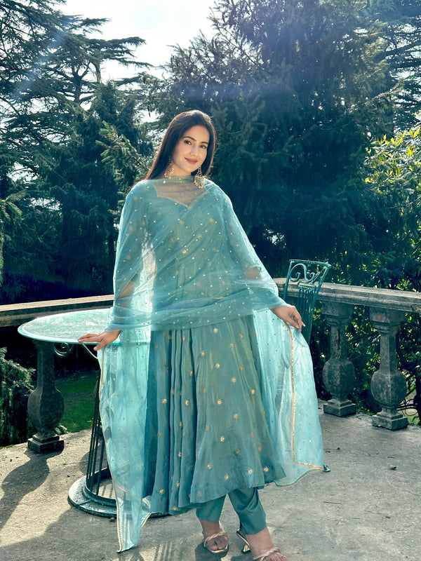 Festive Wear Sky Blue Embroidered Anarkali Suit with Dupatta