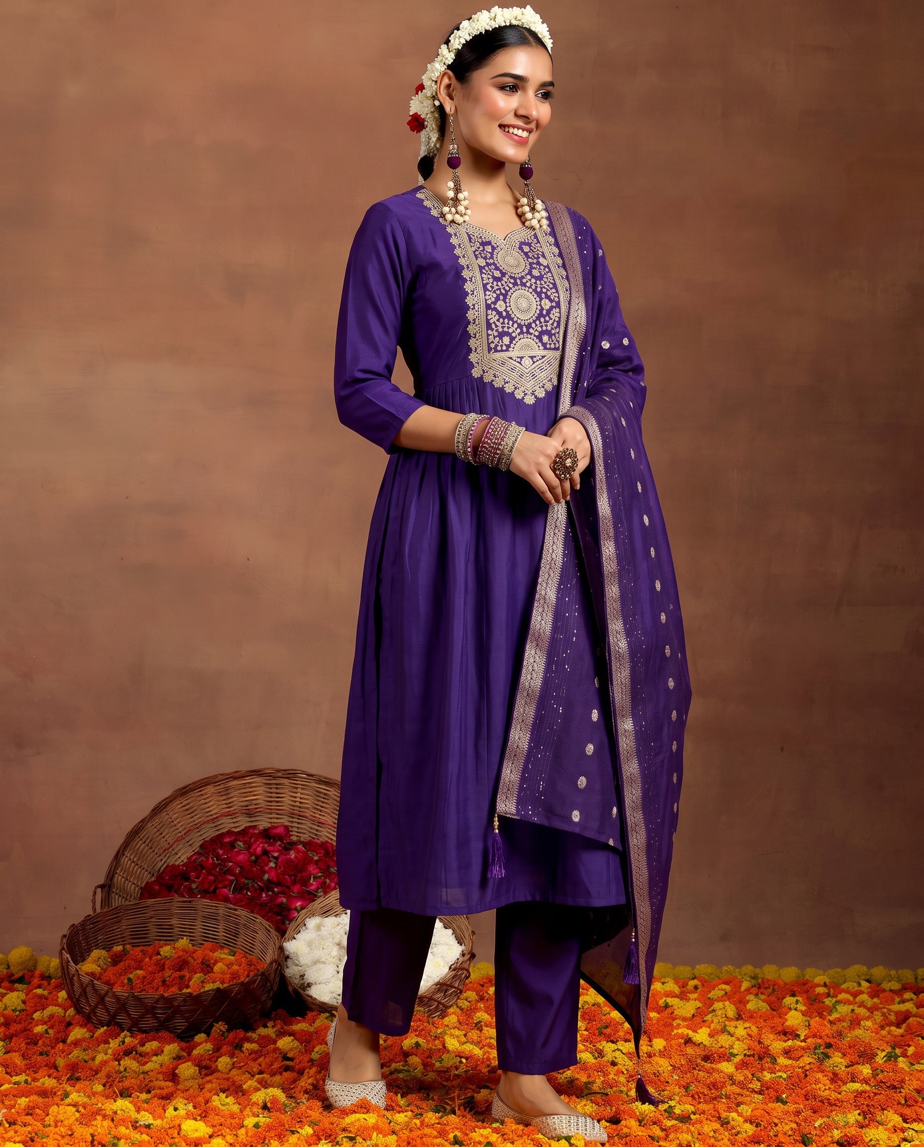 Purple Embroidered Kurta Set with Dupatta