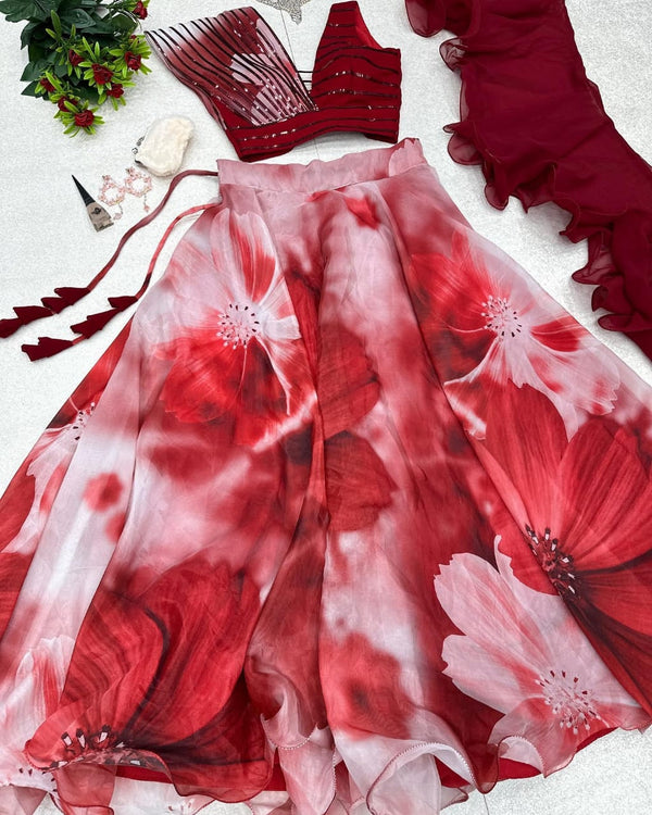 Party Wear Maroon Color Lehenga With Metallic Strip Stich Blouse
