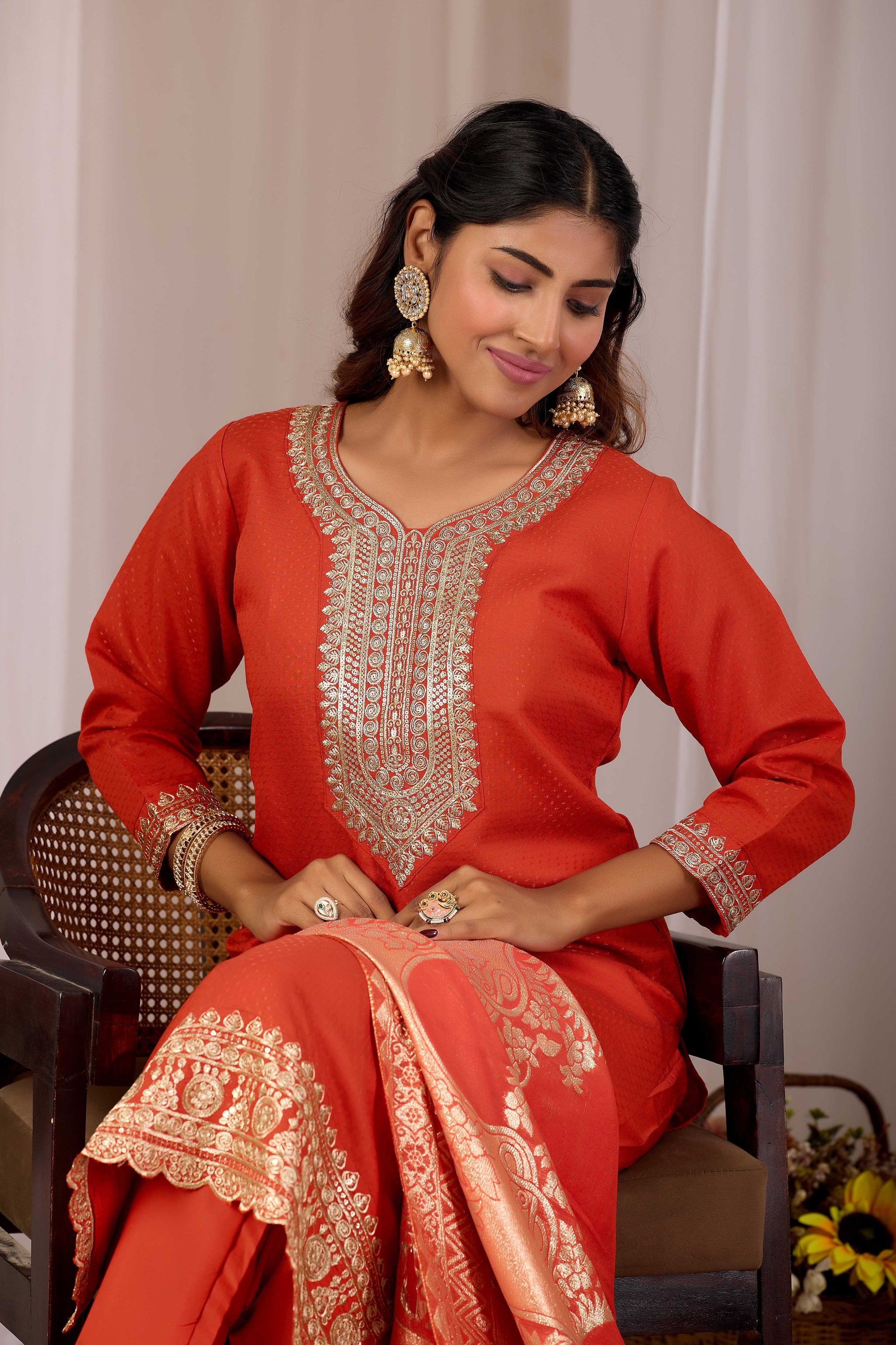 Women Rust Embroidered Silk Blend Straight Kurta Set With Jacquard Dupatta
