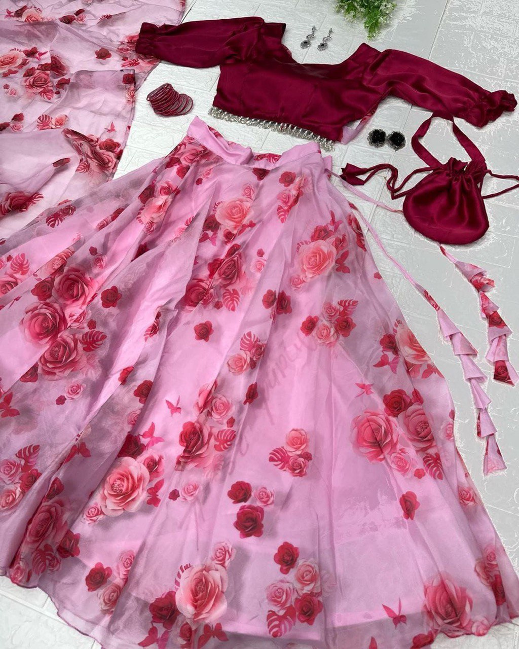 Light Pink Flower Print Lehenga With Fancy Choli With Potli Bag