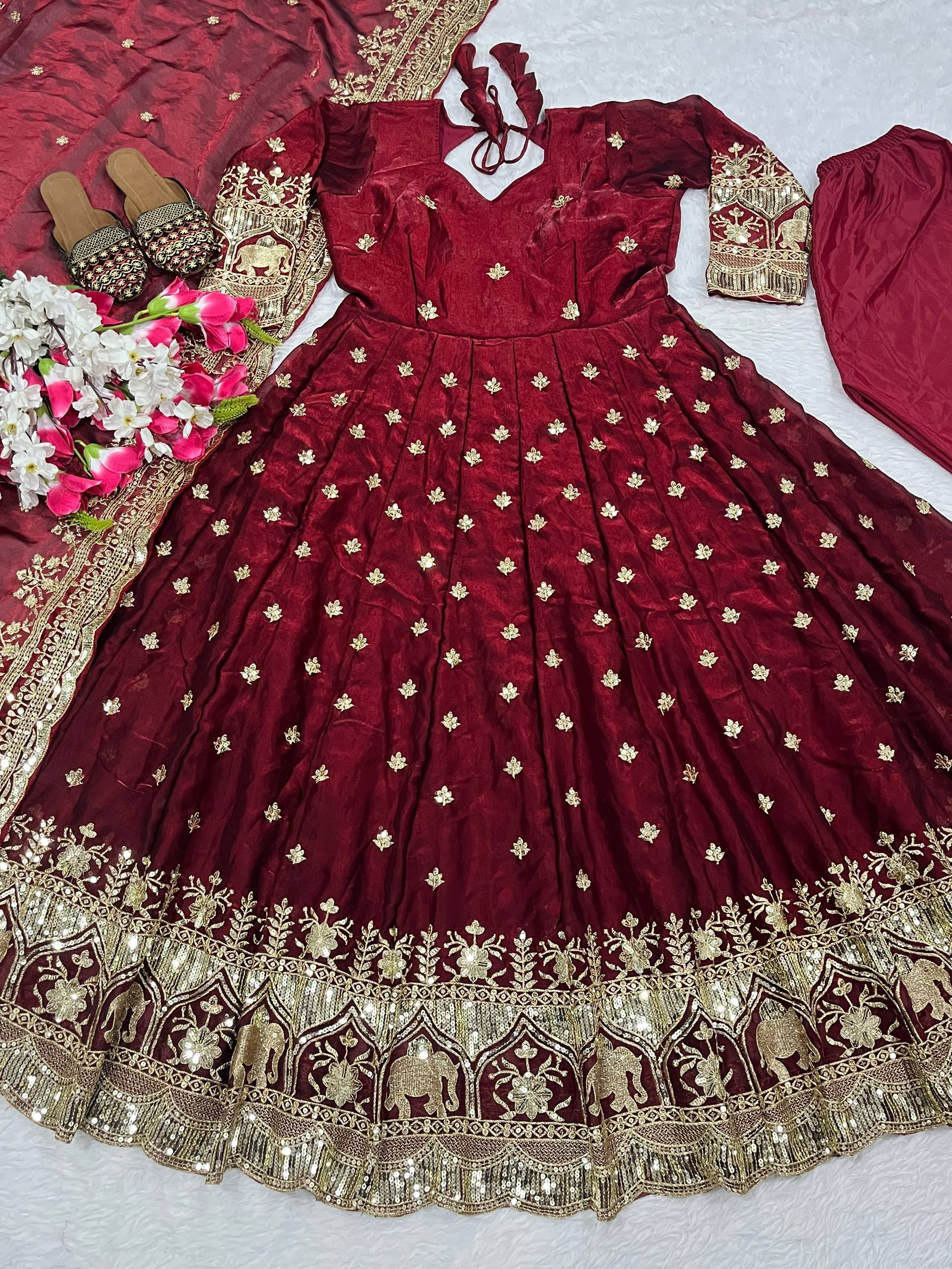 Maroon Sequin Embroidered Anarkali Suit with Dupatta - Product Photo