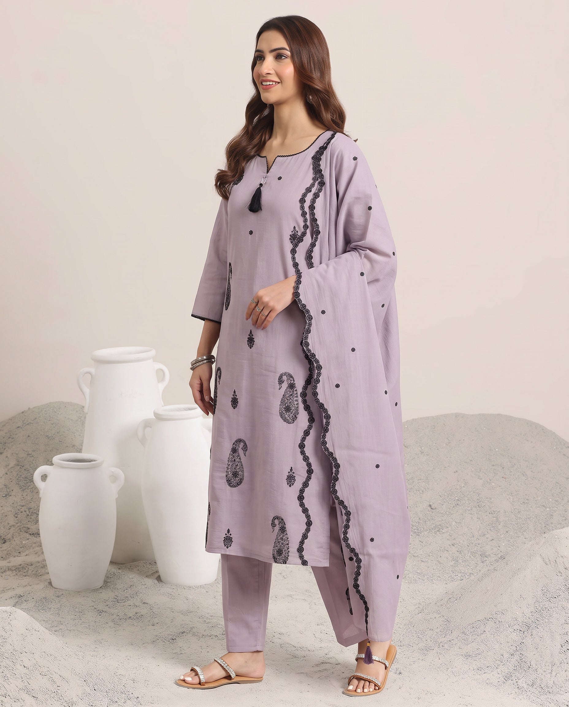 Violet Embroidered Cotton A-Line Suit Set for Women with Dupatta