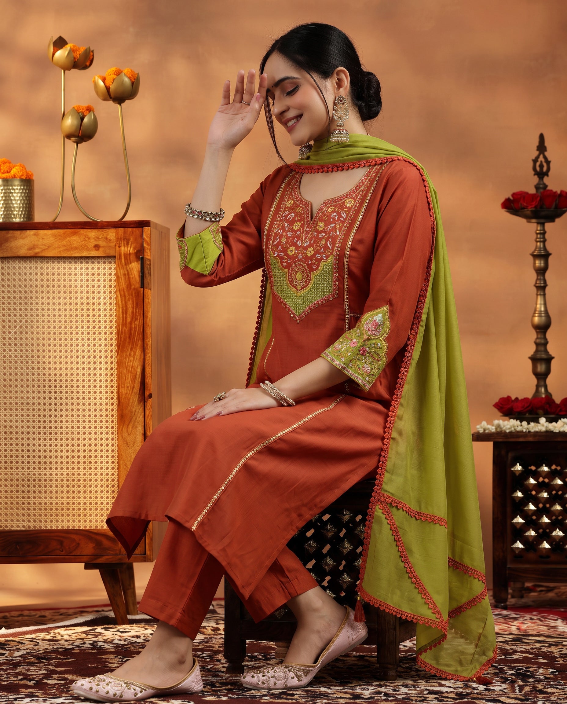 Rust Orange Embroidered Cotton A-Line Kurta Set for Women with Dupatta