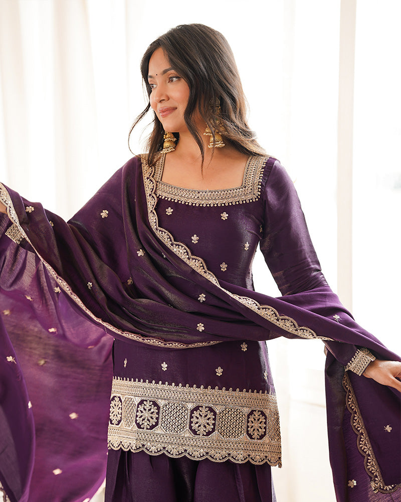 WINE COLOR ROMAN SILK EMBROIDERED FARSHI SALWAR SUIT