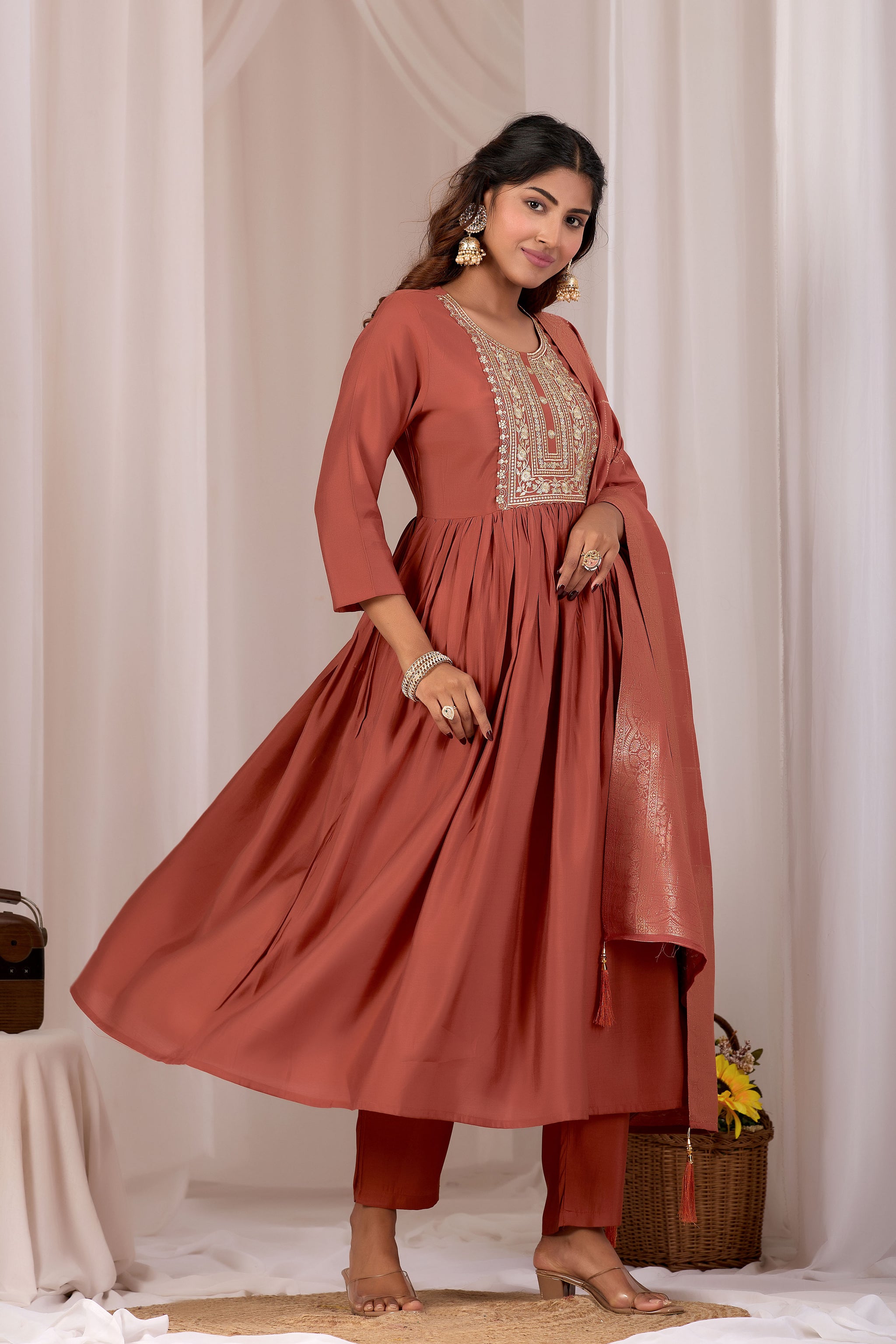 Women Rust Embroidered Stylish Straight Kurta Set with Jacquard Dupatta