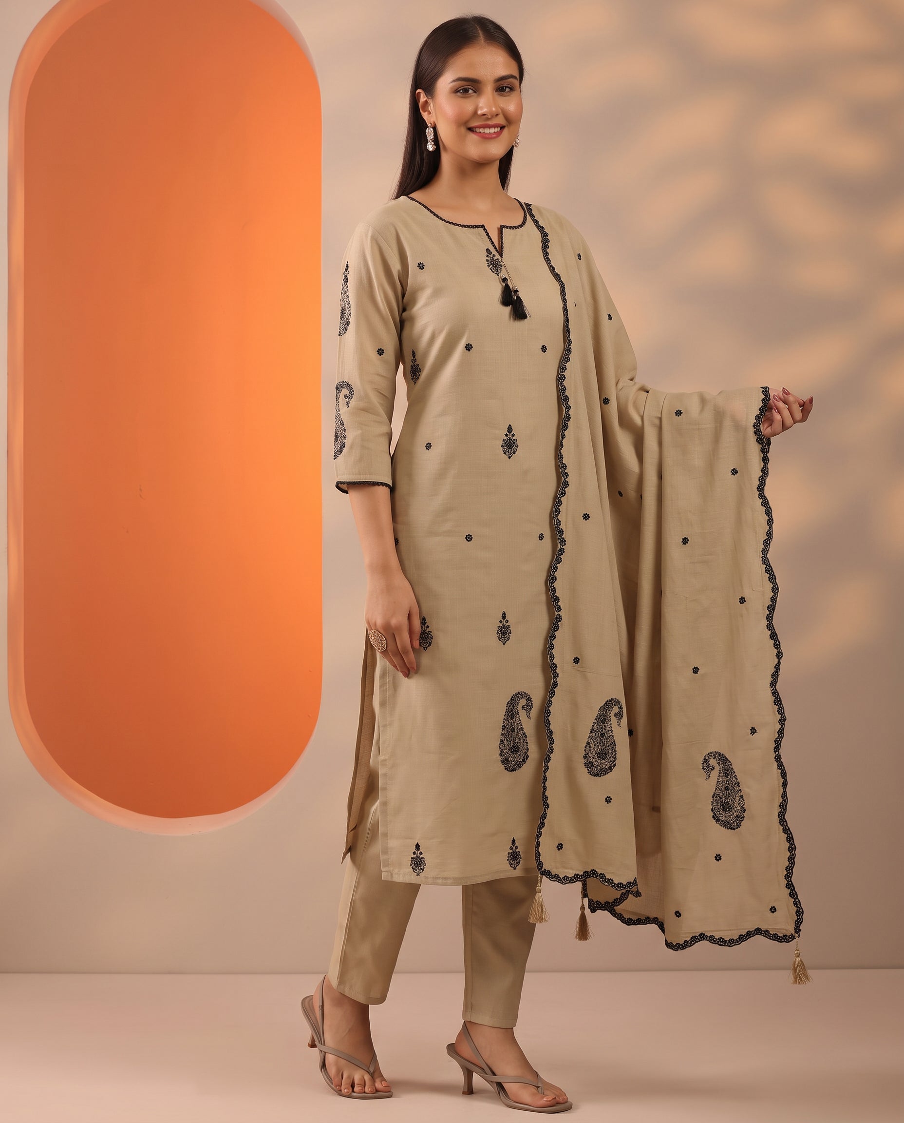 Cream Embroidered Cotton A-Line Suit Set for Women with Dupatta