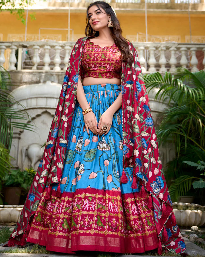 Firozi Color Tussar Silk Patola Printed Lehenga Choli