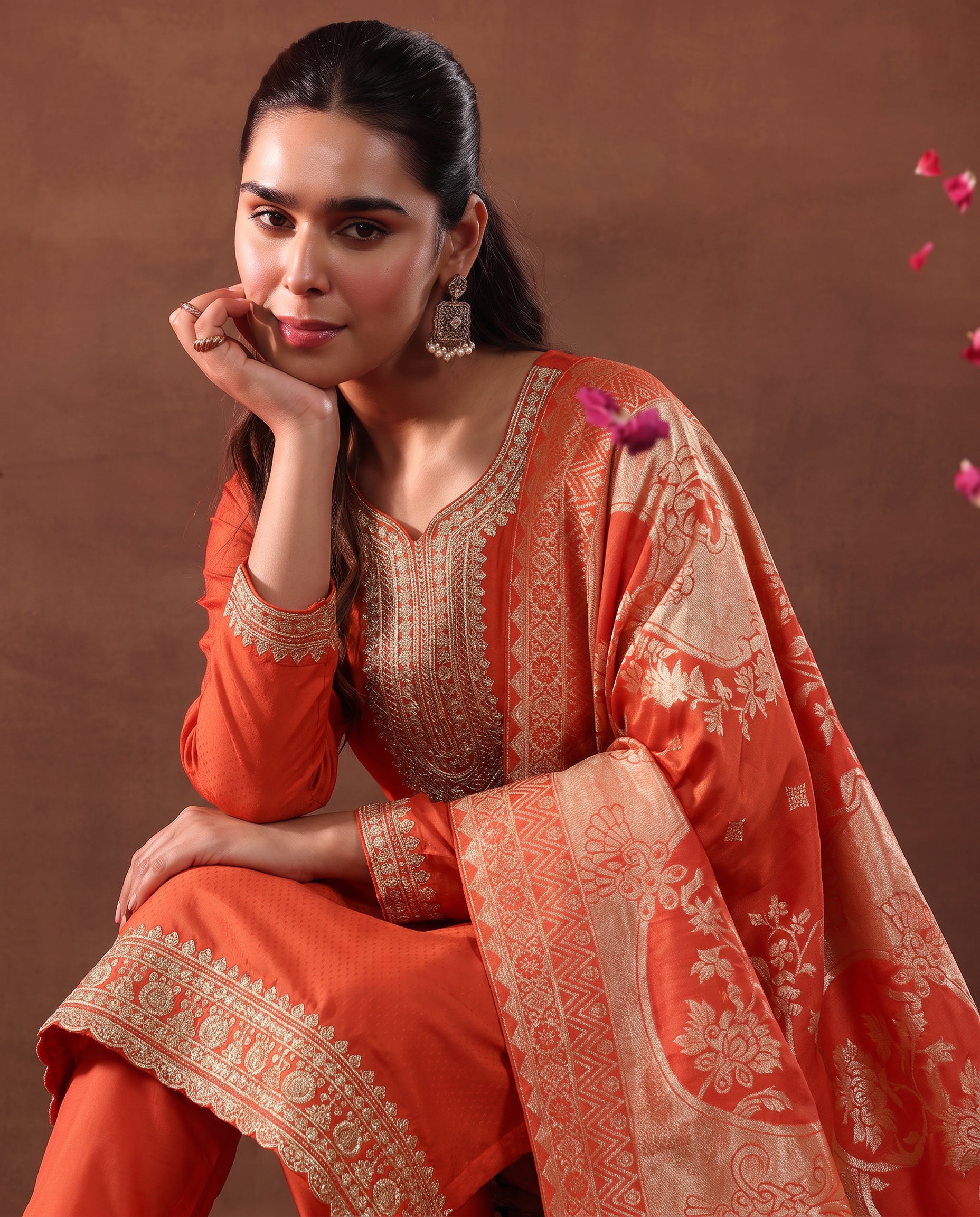 Women Rust Embroidered Kurta Set With Jacquard Dupatta