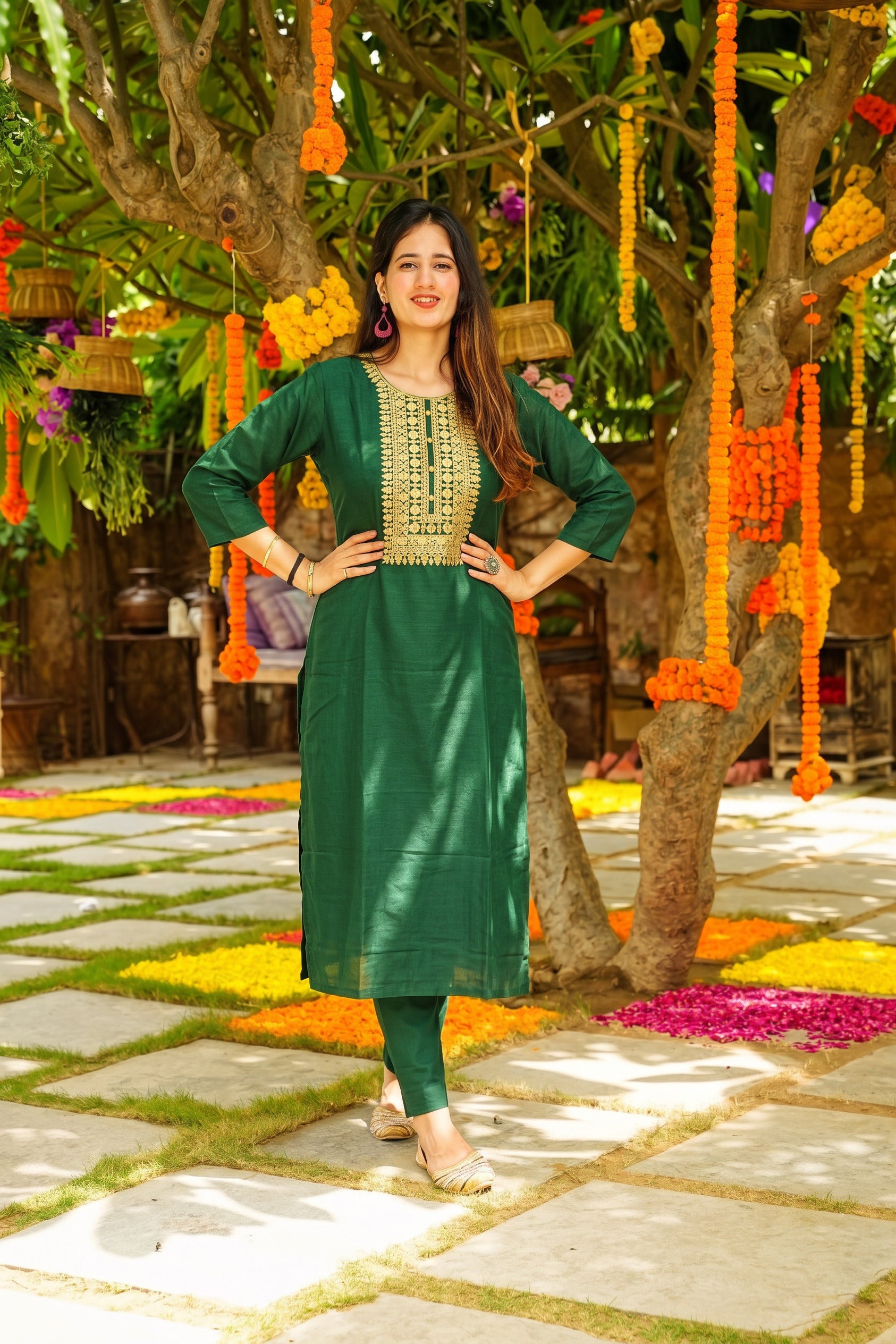Bottle Green Straight Kurta Set with Gold Embroidered Yoke