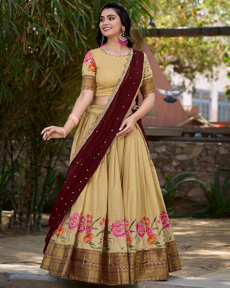 CREAM COLOR COTTON SILK DESIGNER LEHENGA CHOLI