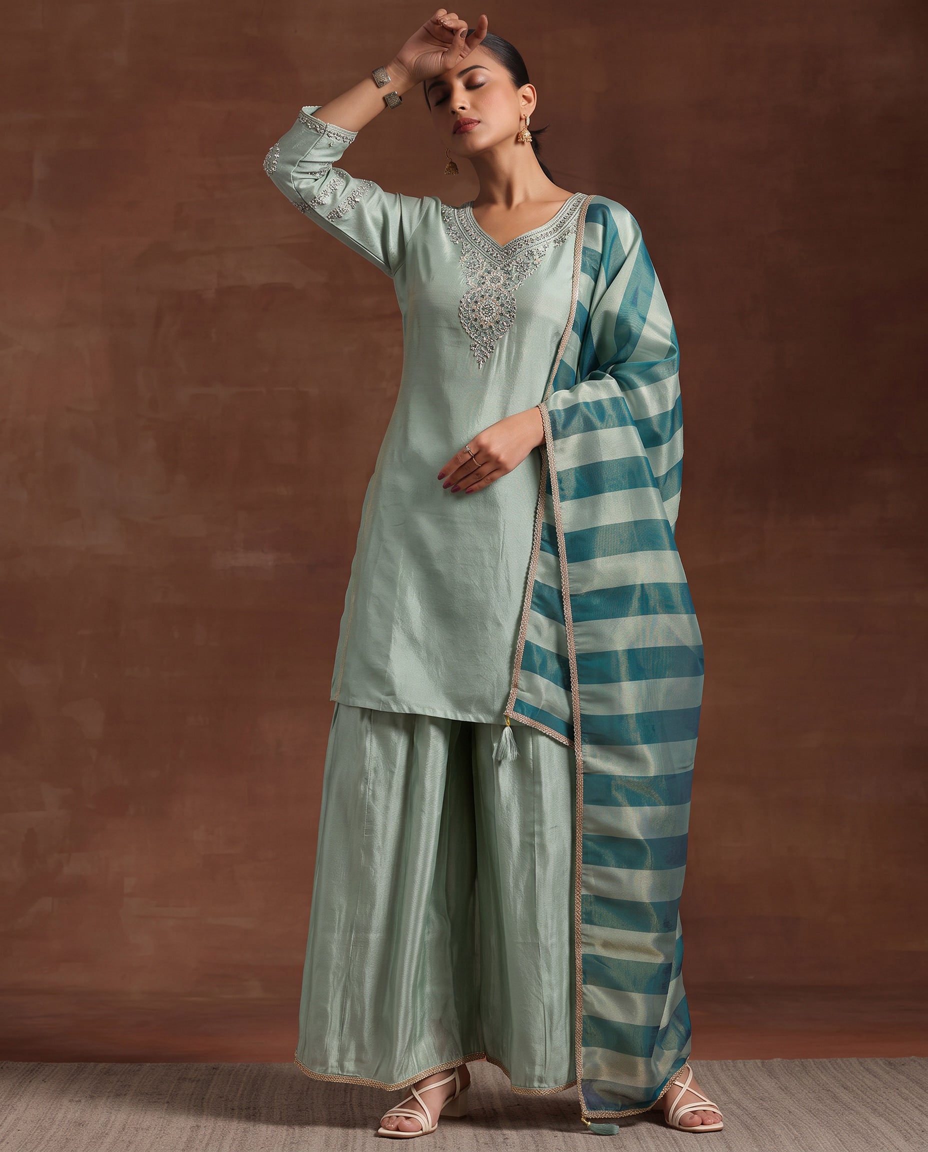 Delightful Sky Blue Embroidered Kurta With Palazzos & Dupatta
