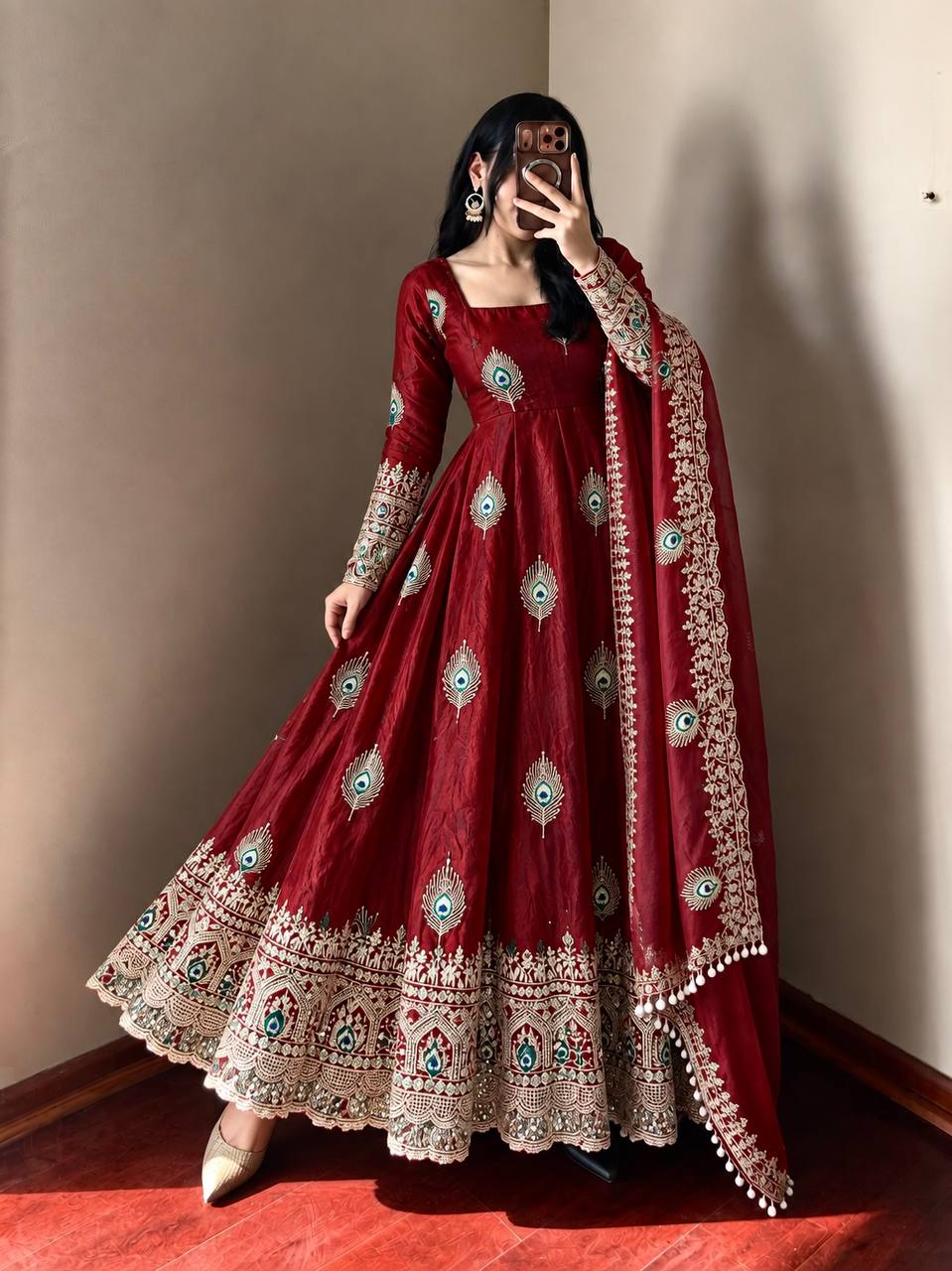 Designer Maroon Fendy Silk Peacock Motif Embroidered Anarkali Gown With Embellished Dupatta