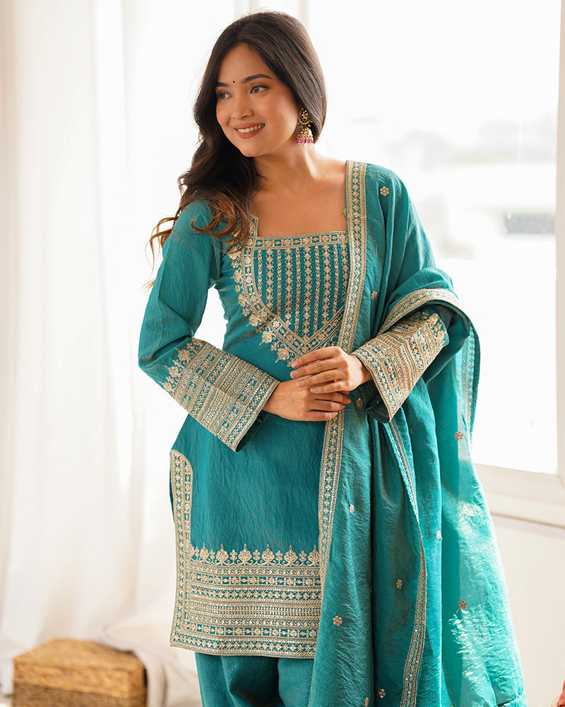 SEA GREEN COLOR NC VICHITRA SILK FARSHI SALWAR SUIT