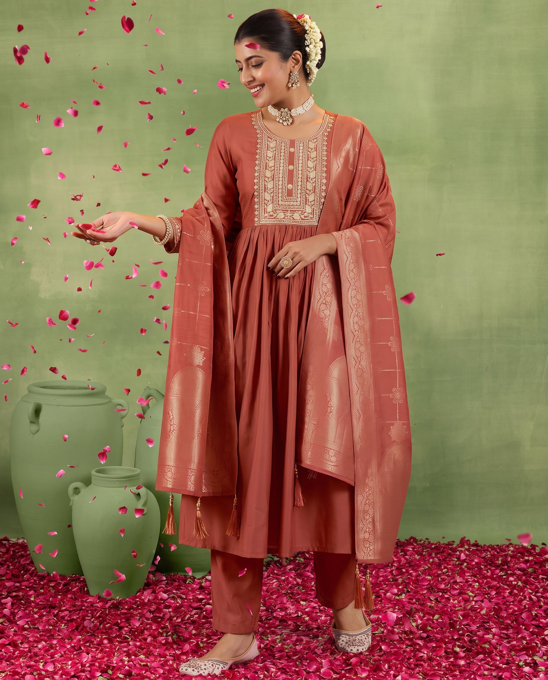 Rust Embroidered Straight Kurta Set with Jacquard Dupatta