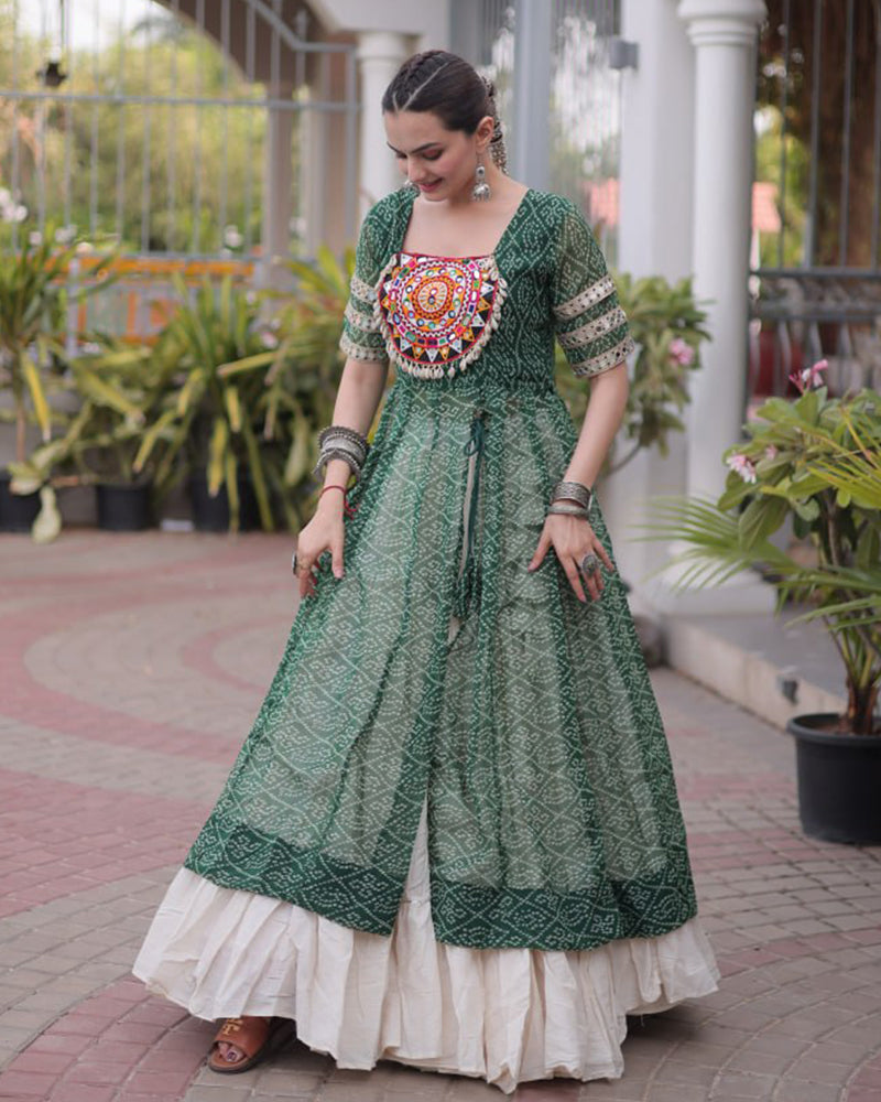Green Color Bandhani Printed Kurti With Kora Cotton Lehenga