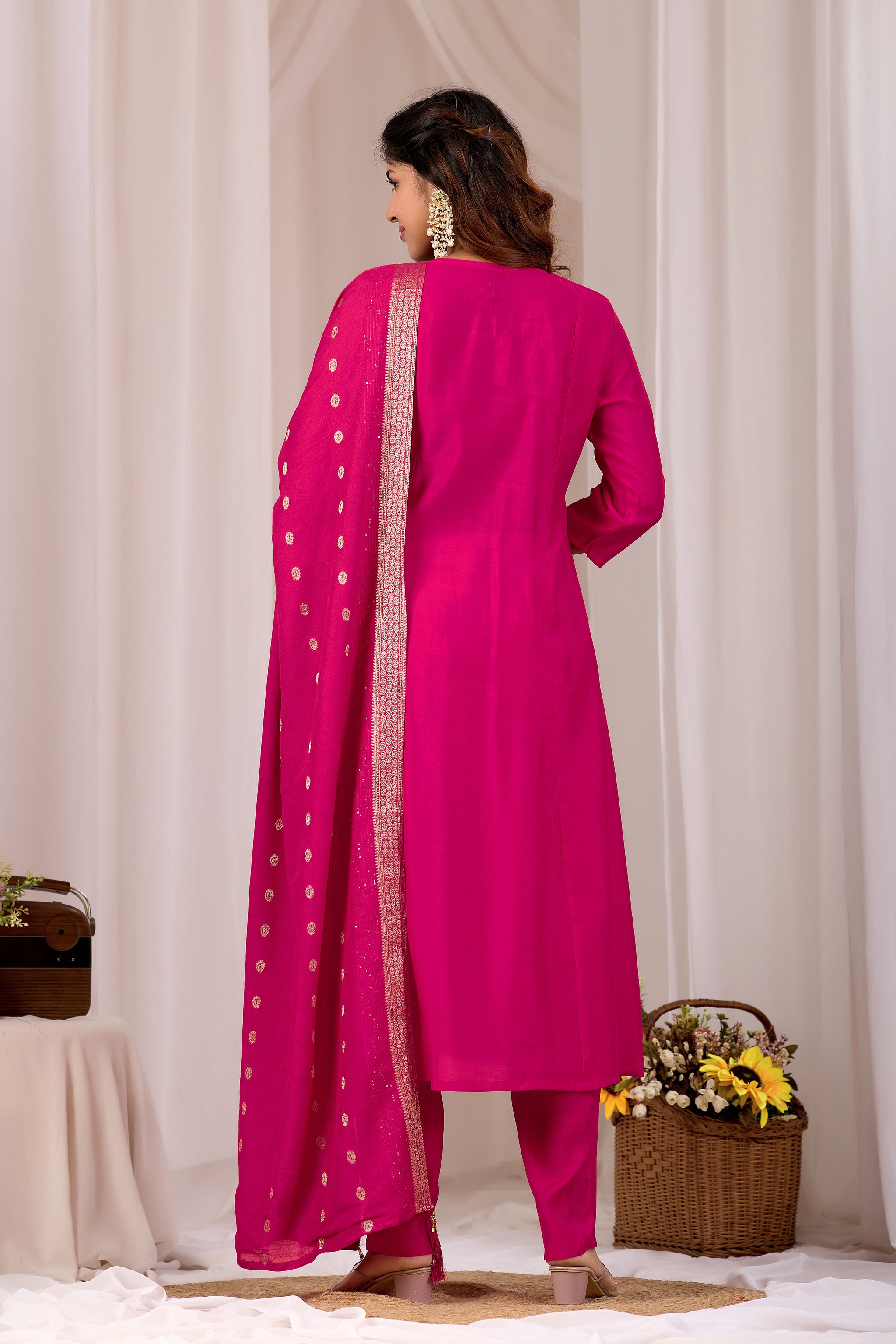 Traditional Rani Pink Embroidery Kurta Set with Dupatta