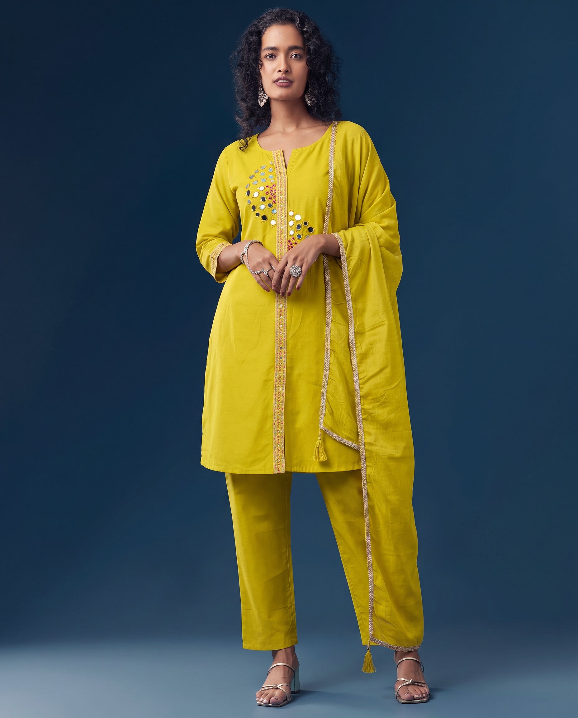 Women's Mustard Yellow Mirror Work Kurta Pant Set with Dupatta