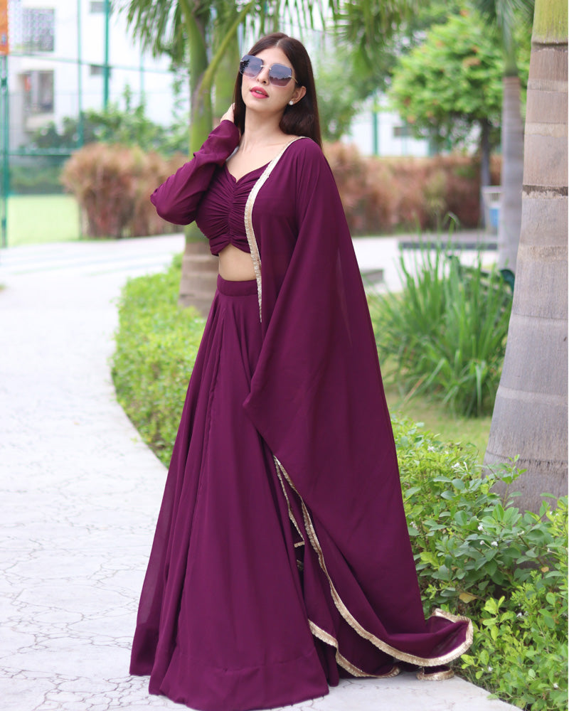 Wine Pure Soft Georgette Full Stitched Lehenga Choli