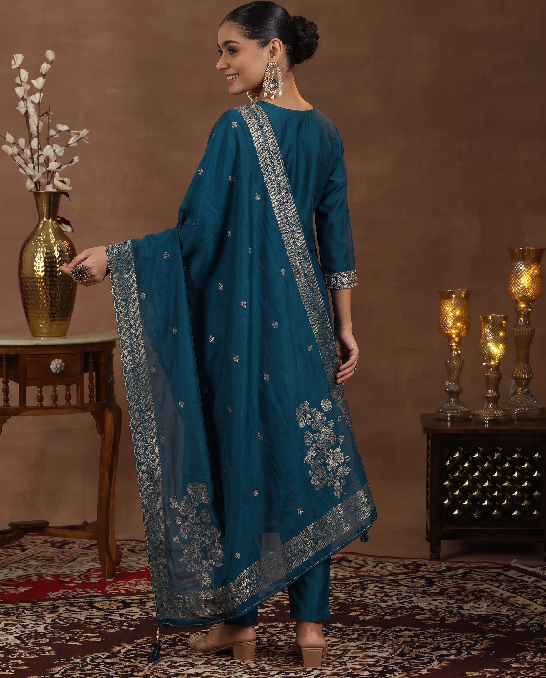 Teal Ethnic Embroidered Silk Blend Straight Kurta Set