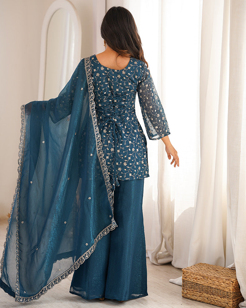 Teal Blue Color Crunchy Silk Embroidered Plazzo Suit