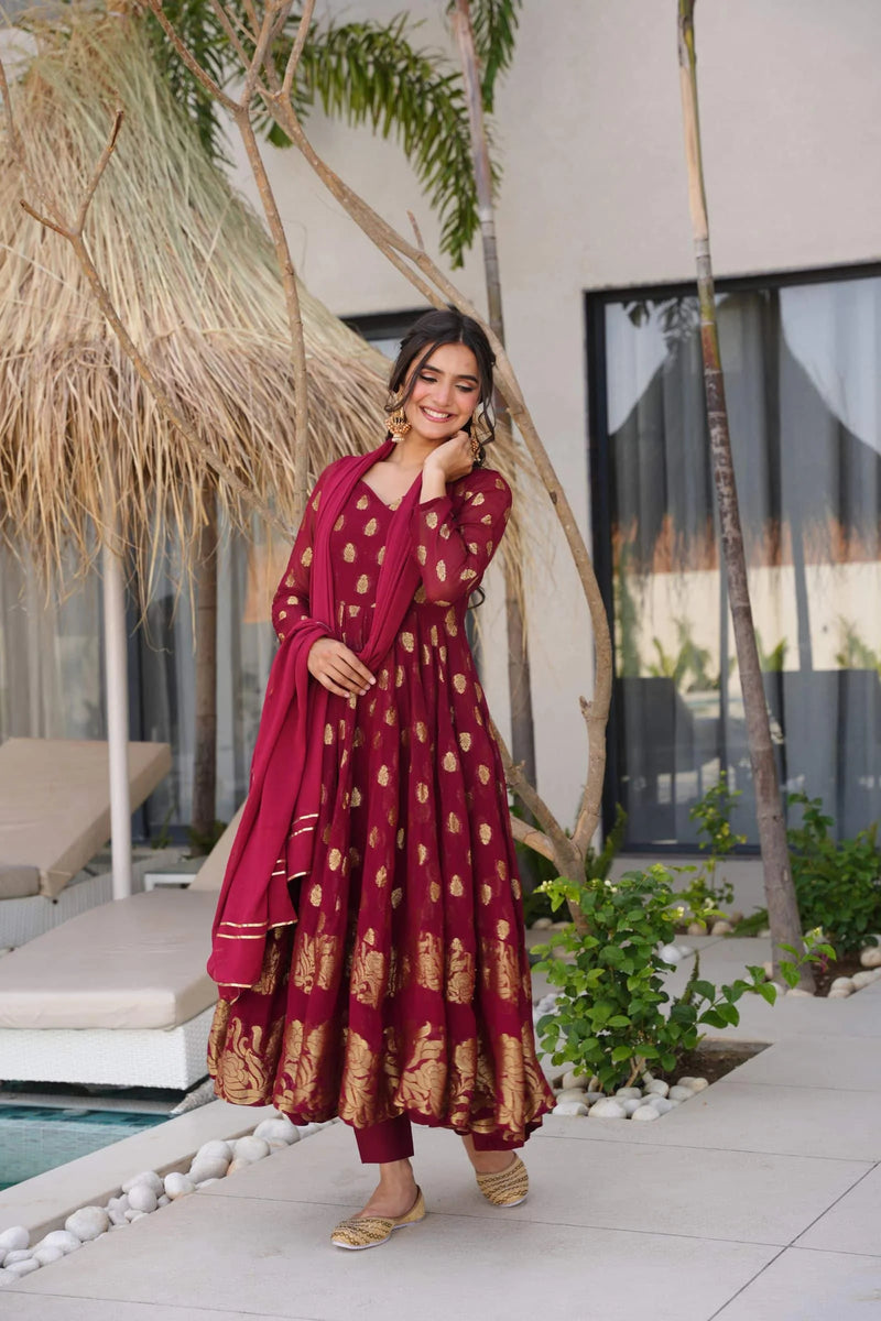 Traditional Maroon Anarkali Suit Set For Weddings And Special Occasions
