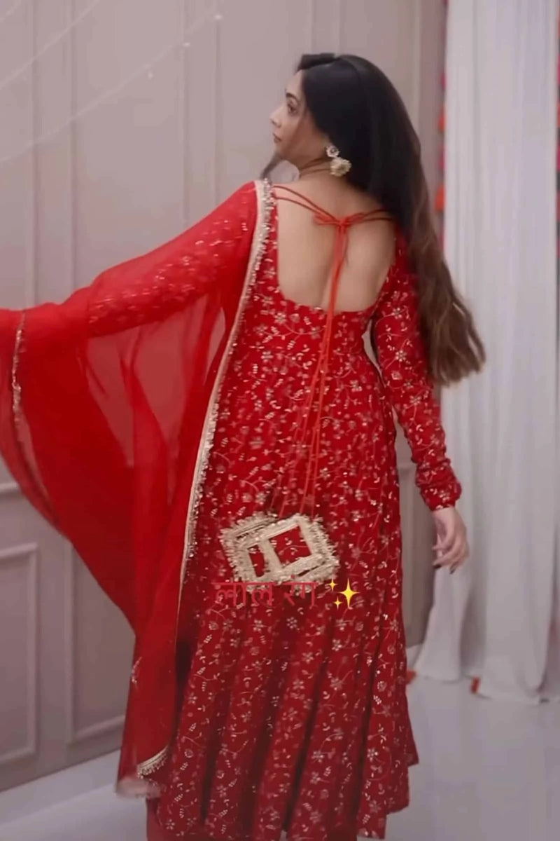 Traditional Red Embroidered Anarkali Suit Perfect for Festive Wear