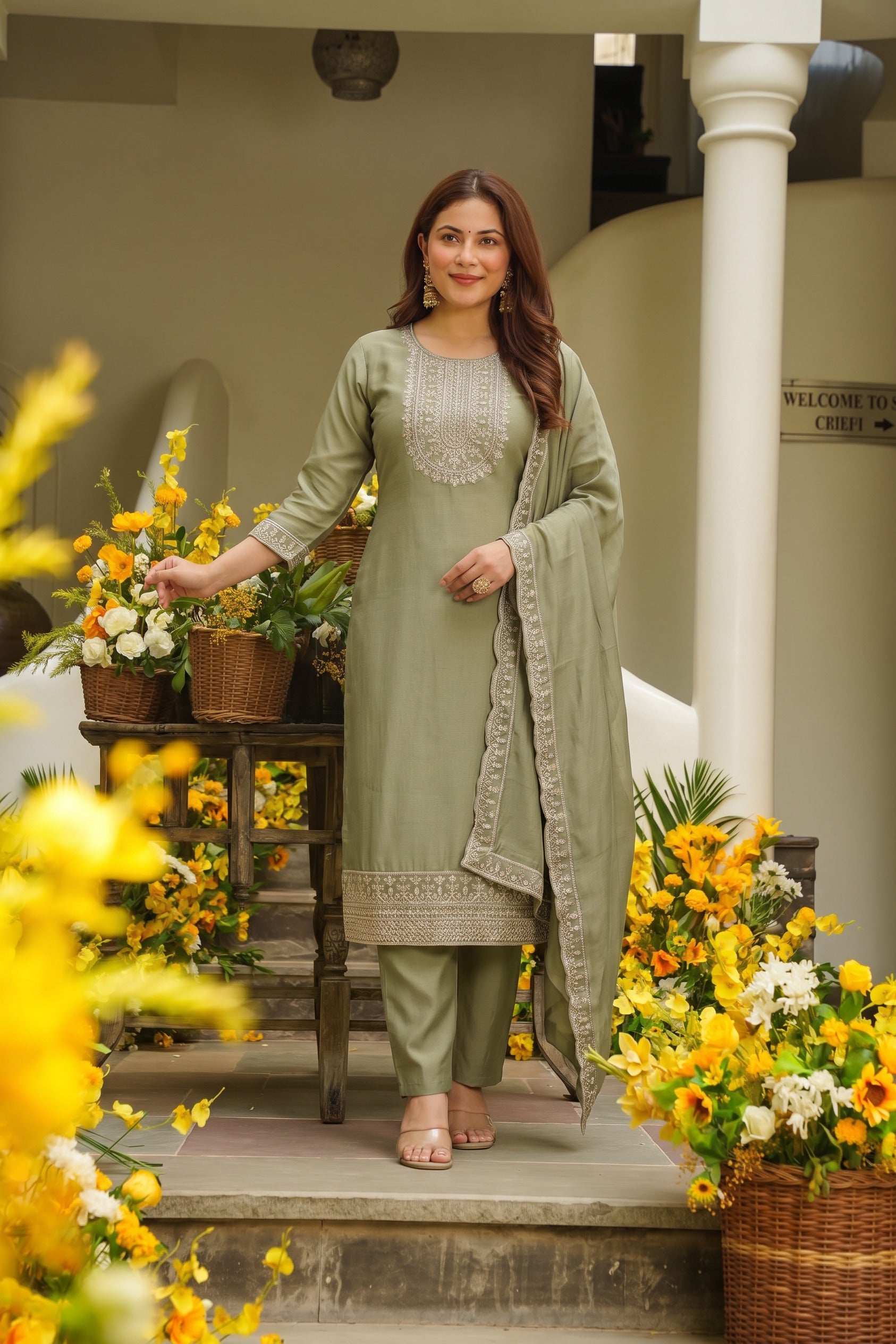 Sage Green Straight Embroidered Yoke Kurta Pant Set with Dupatta
