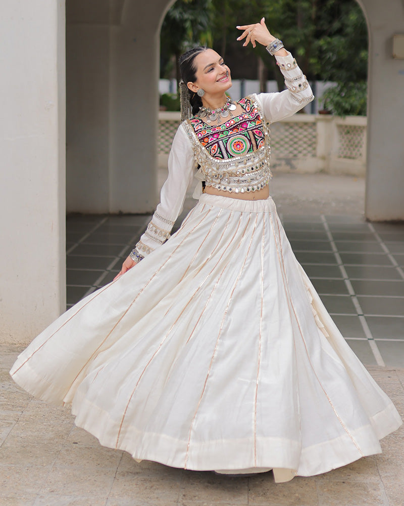 OFF-WHITE COLOR ROMAN SILK NAVRATRI LEHENGA CHOLI