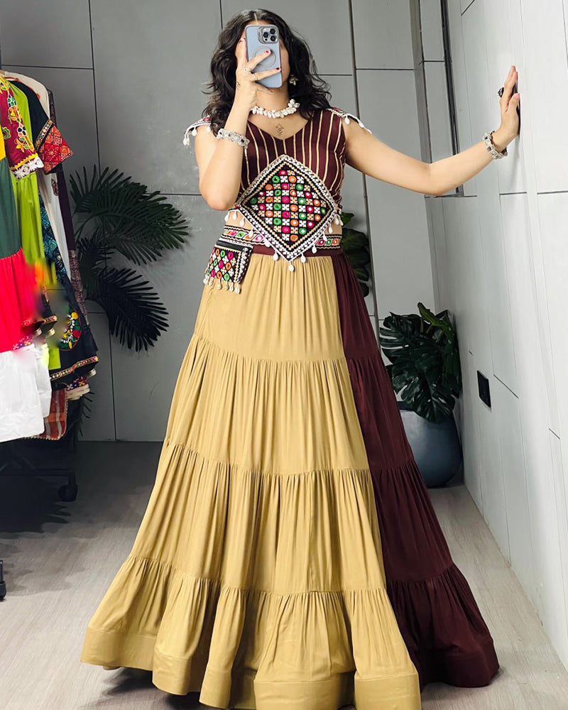 Brown Color Pure Rayon Cotton Navratri Lehenga Choli