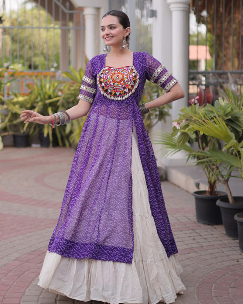 Purple Color Bandhani Printed Kurti With Kora Cotton Lehenga