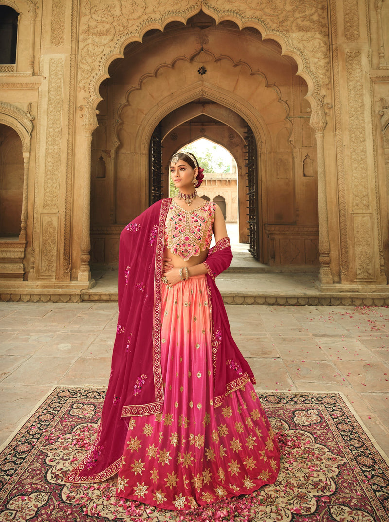 Stylish Thread Sequence Work Peach With Pink Color Lehenga Choli ...