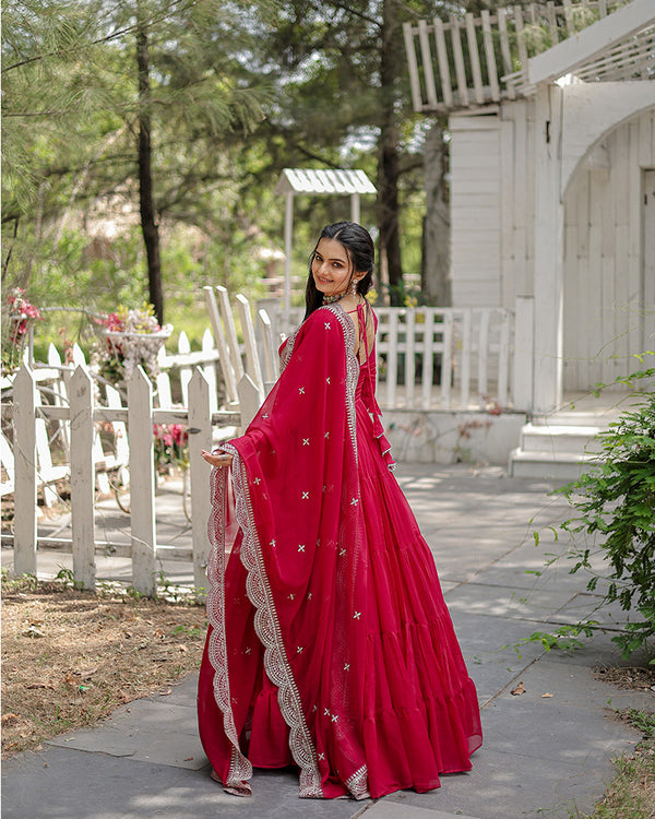 Rani Pink Color Designer Embroidered Gown With Dupatta