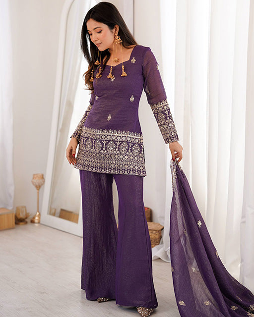 Purple Color Soft Crunchy Silk Sharara Suit
