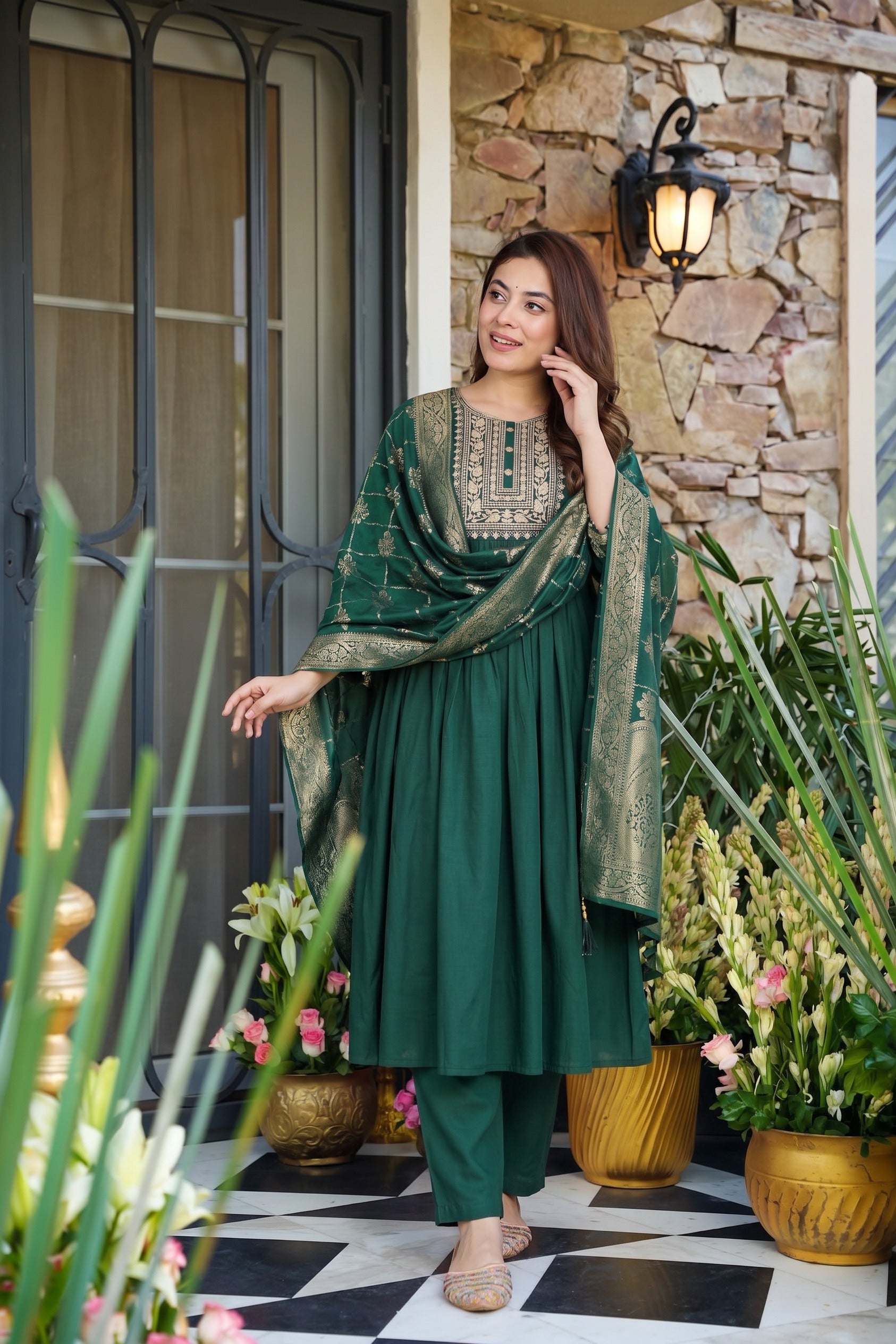 Bottle Green Gathered Anarkali Kurta Pant Set with Jacquard Dupatta