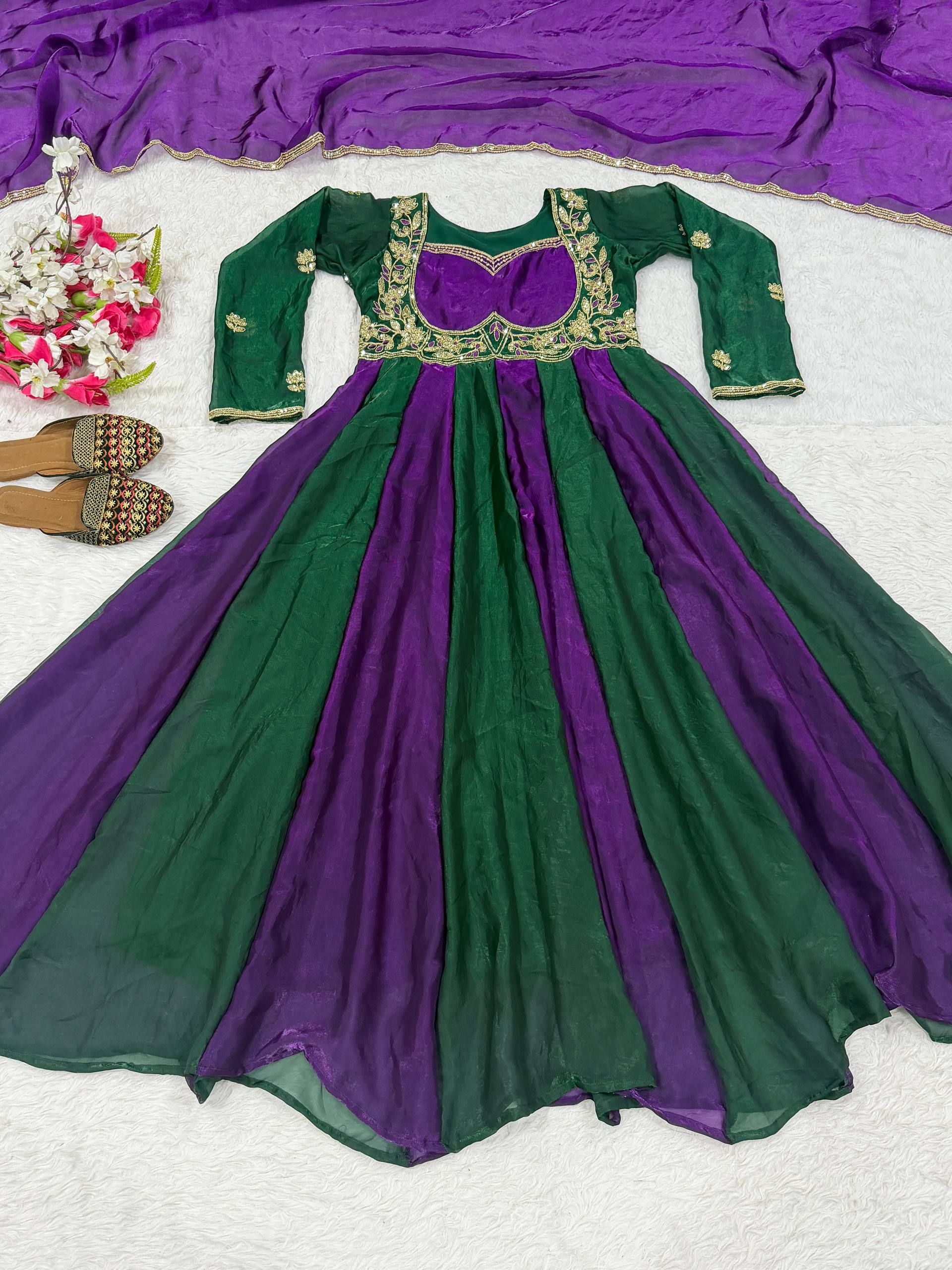 Purple Green Colorblock Anarkali Gown - Product Photo