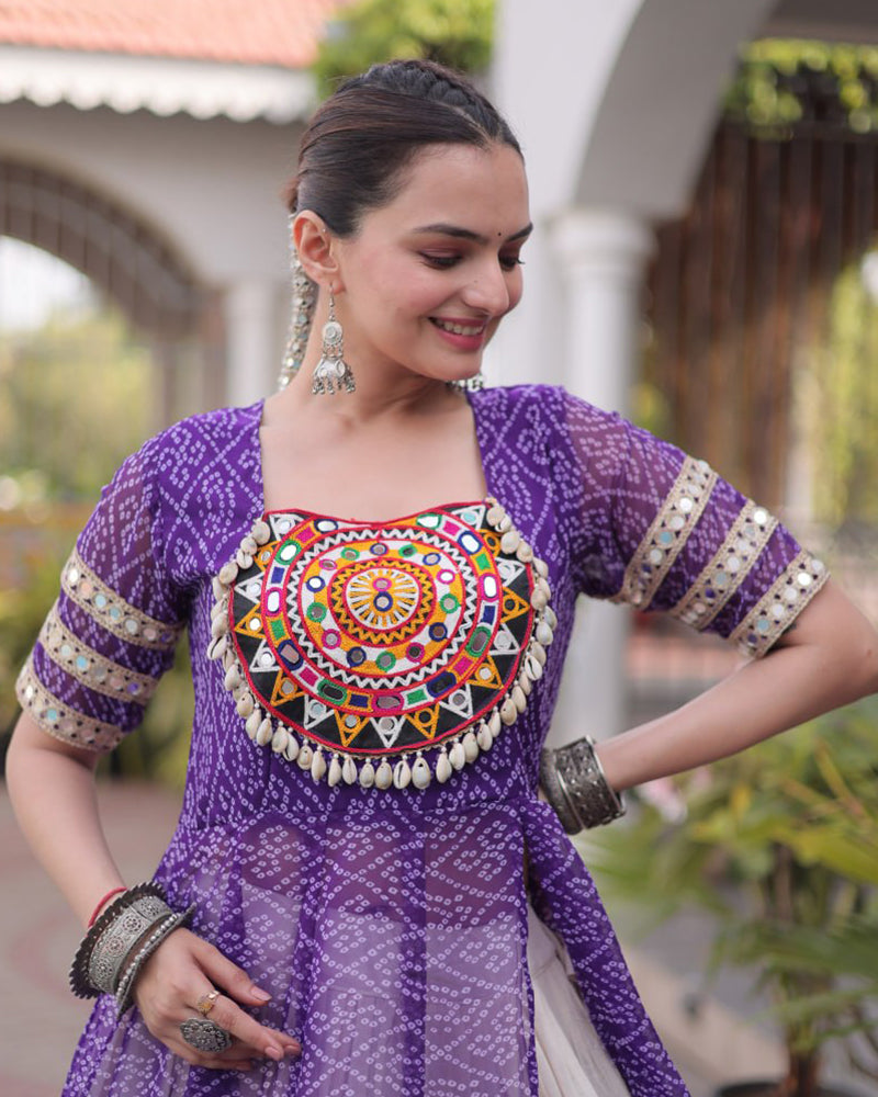Purple Color Bandhani Printed Kurti With Kora Cotton Lehenga