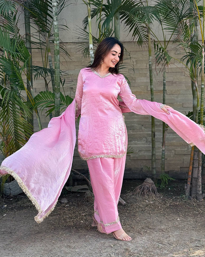 Baby Pink Color Fendi Satin Silk Kurti Suit