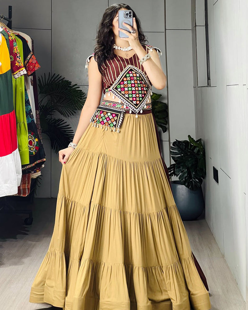 Brown Color Pure Rayon Cotton Navratri Lehenga Choli