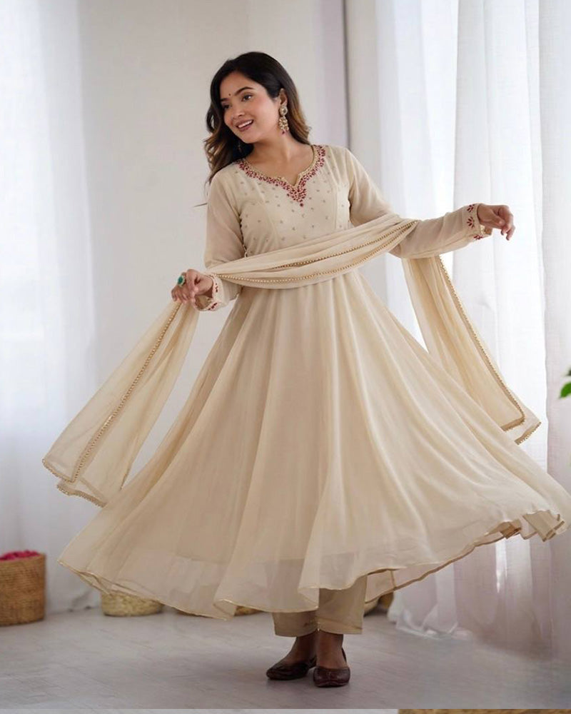 Off White Color Faux Georgette Elegant Gown