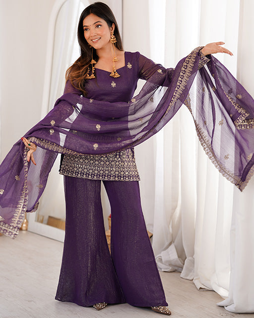 Purple Color Soft Crunchy Silk Sharara Suit